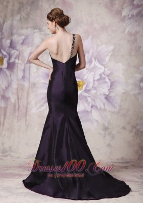 Brush Mermaid Dark Purple One Shoulder Evening Dress Beaded