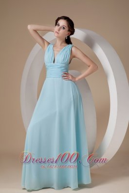 Straps V-neck Ruched Chiffon Aqua Evening Dress