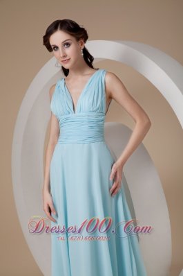 Straps V-neck Ruched Chiffon Aqua Evening Dress