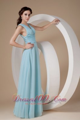 Straps V-neck Ruched Chiffon Aqua Evening Dress