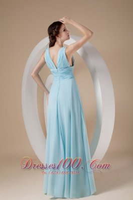 Straps V-neck Ruched Chiffon Aqua Evening Dress