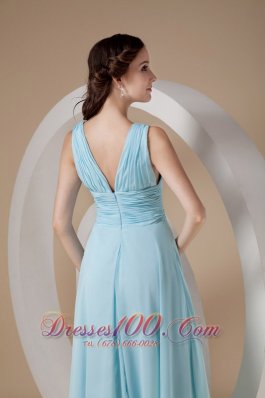 Straps V-neck Ruched Chiffon Aqua Evening Dress