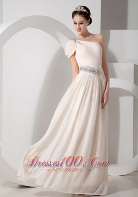 Asymmetrical Cap Sleeves Champagne Prom Dress with Beads
