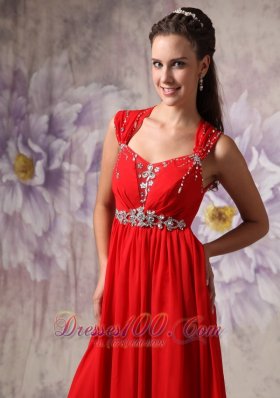 Straps Beads Red Chiffon Empire Prom Dress 2013 2014