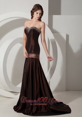 Brown Beaded Mermaid Design Taffeta Sweep Prom Dress