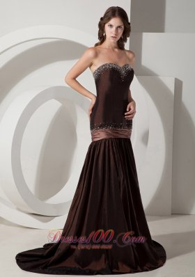 Brown Beaded Mermaid Design Taffeta Sweep Prom Dress