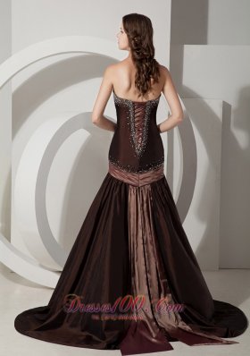 Brown Beaded Mermaid Design Taffeta Sweep Prom Dress