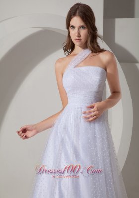 Court Train A-line Tulle Wedding Dress with One Shoulder