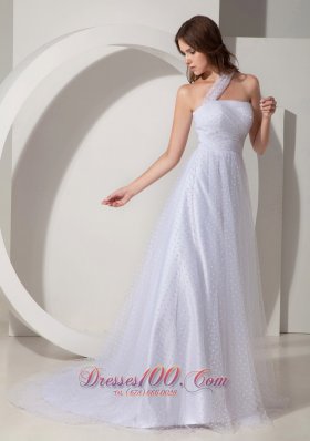 Court Train A-line Tulle Wedding Dress with One Shoulder