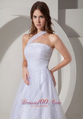 Court Train A-line Tulle Wedding Dress with One Shoulder