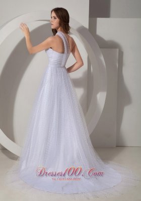 Court Train A-line Tulle Wedding Dress with One Shoulder