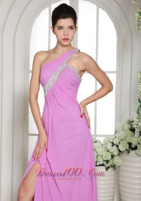 One Shoulder Lavender Slit Beaded Prom Celebrity Dress