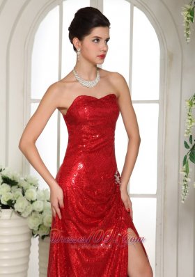 Shining Sequined Red Prom Celebrity Dress with Slit