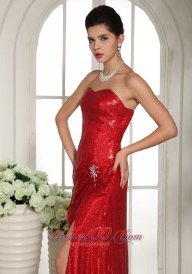 Shining Sequined Red Prom Celebrity Dress with Slit