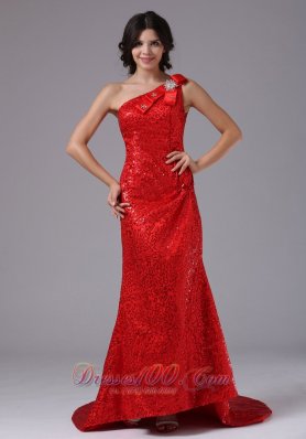 Bowknot One Shoulder Sequin Overlay Brush Evening Gown