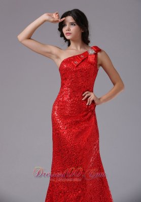 Bowknot One Shoulder Sequin Overlay Brush Evening Gown