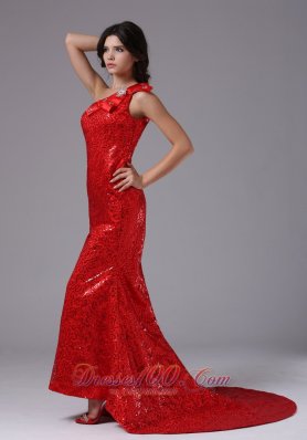 Bowknot One Shoulder Sequin Overlay Brush Evening Gown