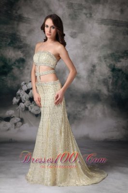 Sexy Cut Waist Sequin Overlay Yellow Green Evening Dress