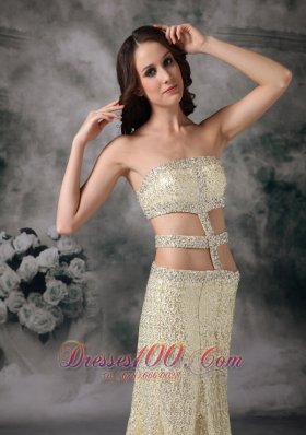 Sexy Cut Waist Sequin Overlay Yellow Green Evening Dress