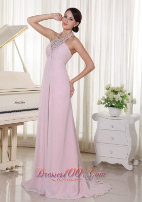 Applique Halter Baby Pink Chiffon Brush Prom Dress