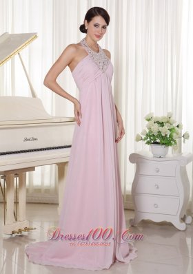 Applique Halter Baby Pink Chiffon Brush Prom Dress