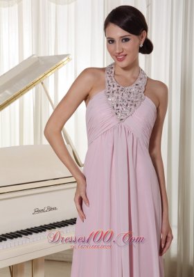 Applique Halter Baby Pink Chiffon Brush Prom Dress