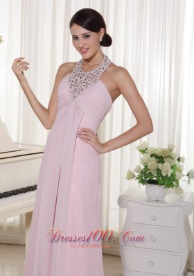 Applique Halter Baby Pink Chiffon Brush Prom Dress