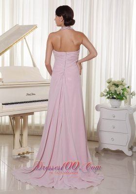 Applique Halter Baby Pink Chiffon Brush Prom Dress