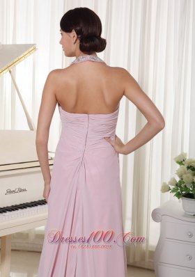 Applique Halter Baby Pink Chiffon Brush Prom Dress