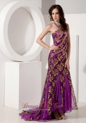 Floral Sequin Court Evening Celebrity Dress Mermaid Purple Design