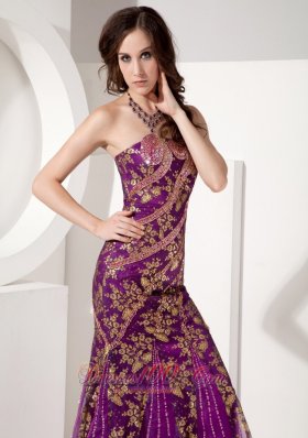 Floral Sequin Court Evening Celebrity Dress Mermaid Purple Design