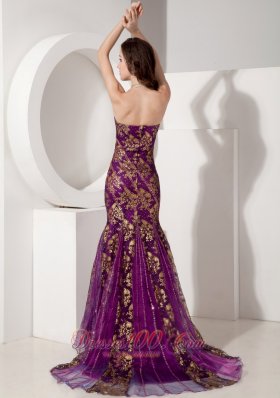 Floral Sequin Court Evening Celebrity Dress Mermaid Purple Design