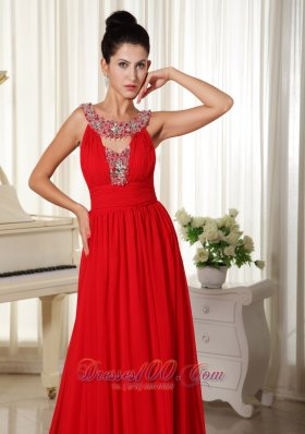 Multi-colored Scoop Beaded Red Chiffon Prom Dress