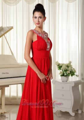 Multi-colored Scoop Beaded Red Chiffon Prom Dress