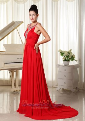 Multi-colored Scoop Beaded Red Chiffon Prom Dress