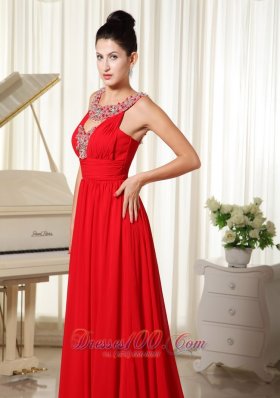 Multi-colored Scoop Beaded Red Chiffon Prom Dress