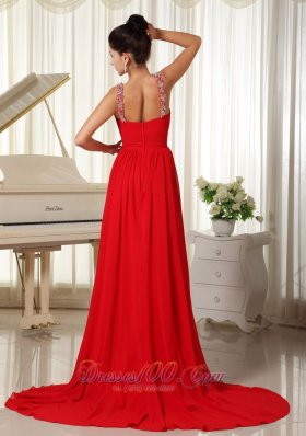 Multi-colored Scoop Beaded Red Chiffon Prom Dress