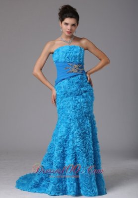 Rolling Flower Blue Brush Evening Gown with Beadings