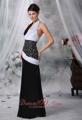 White and Black Beaded High Slit Evening Dress Halter