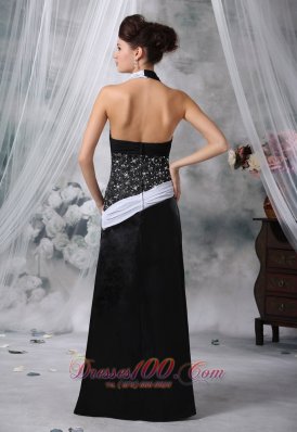 White and Black Beaded High Slit Evening Dress Halter