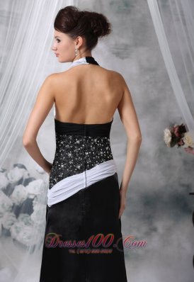 White and Black Beaded High Slit Evening Dress Halter