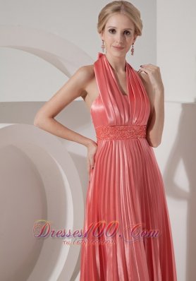 Pleated Watermelon Halter Evening Dress 2013