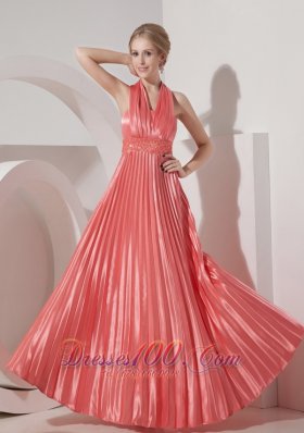 Pleated Watermelon Halter Evening Dress 2013