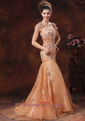 Mermaid Square Embroidery Champagne Straps Prom Dress