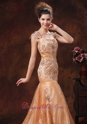 Mermaid Square Embroidery Champagne Straps Prom Dress