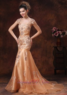 Mermaid Square Embroidery Champagne Straps Prom Dress