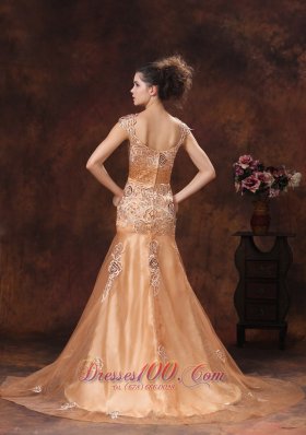 Mermaid Square Embroidery Champagne Straps Prom Dress