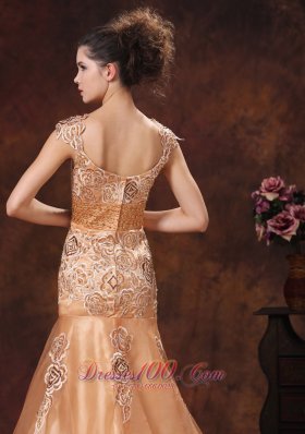 Mermaid Square Embroidery Champagne Straps Prom Dress