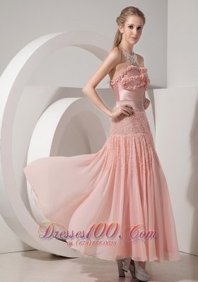 Ankle-length Handmade Light Pink Evening Dress Beaded