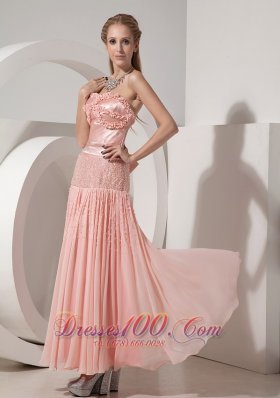 Ankle-length Handmade Light Pink Evening Dress Beaded